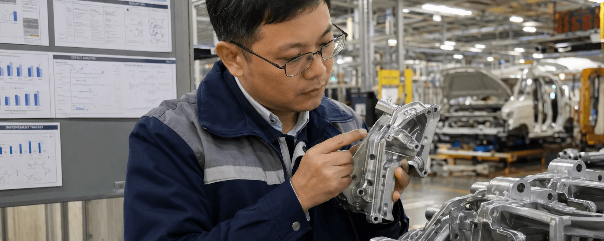 A Naisitong engineer and a quality manager discussing cosmetic standards on an aluminium die-cast housing at a German plant.
