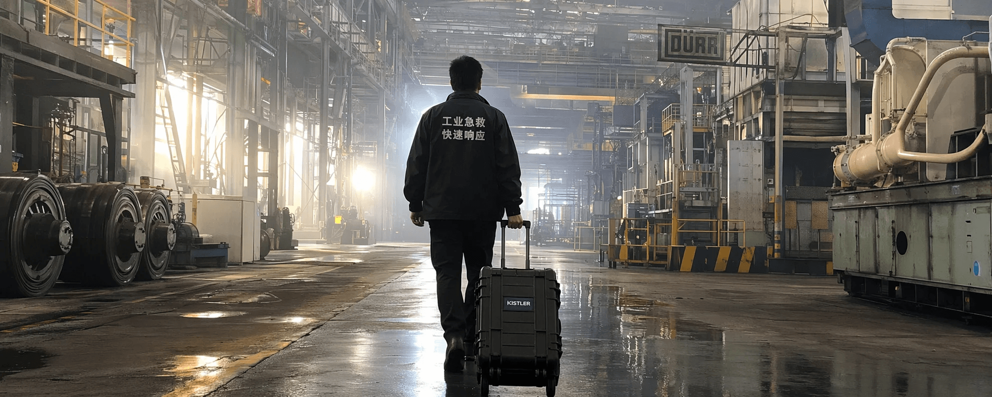 An engineer crossing a German plant floor with equipment cases — same-day arrival.